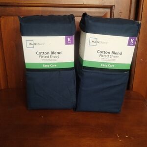 2 New Mainstays Navy Cotton Blend King Size Fitted Sheet